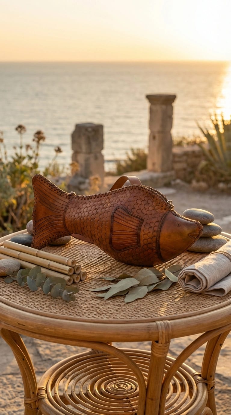 A tan leather fish bag resting on a round woven rattan table at sunset by the sea, with smooth stones, cut bamboo, eucalyptus leaves and a rolled linen cloth around it.