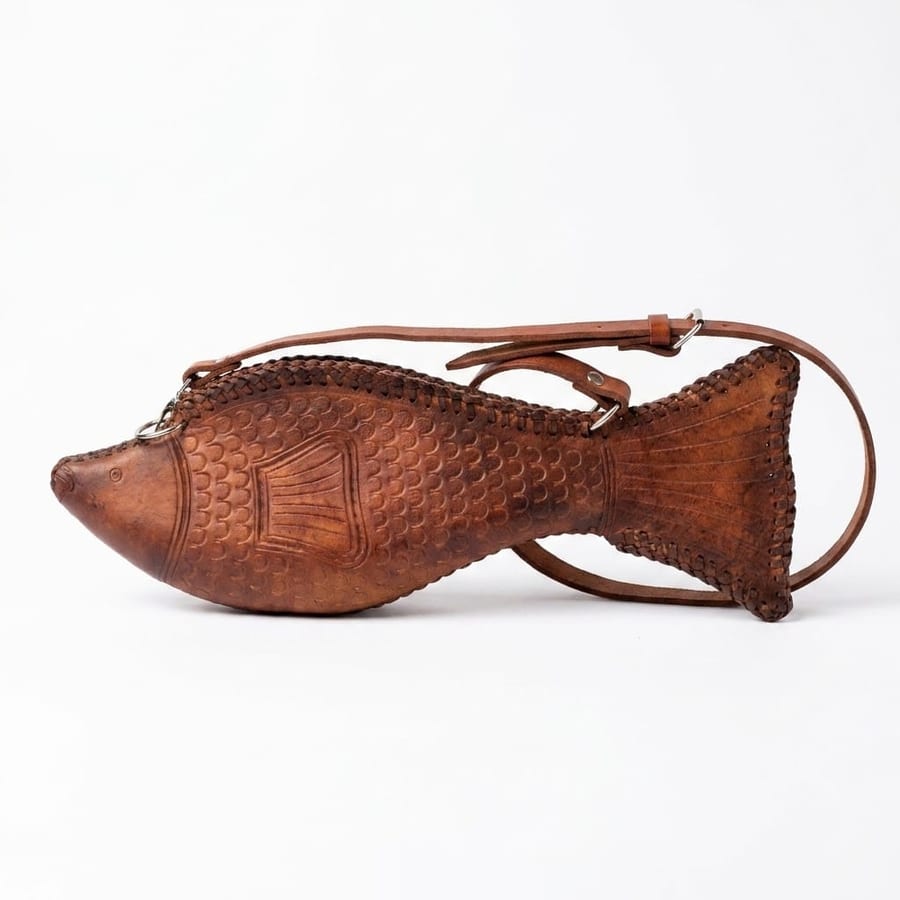 A small tan leather fish bag with a long adjustable shoulder strap coiled behind it, photographed on a plain pale background.