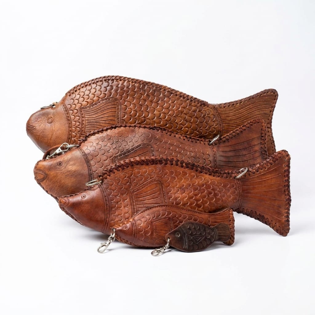 Three tan leather fish bags of increasing size stacked one behind the other on a plain pale background, with a small dark leather fish key fob resting in front of them.