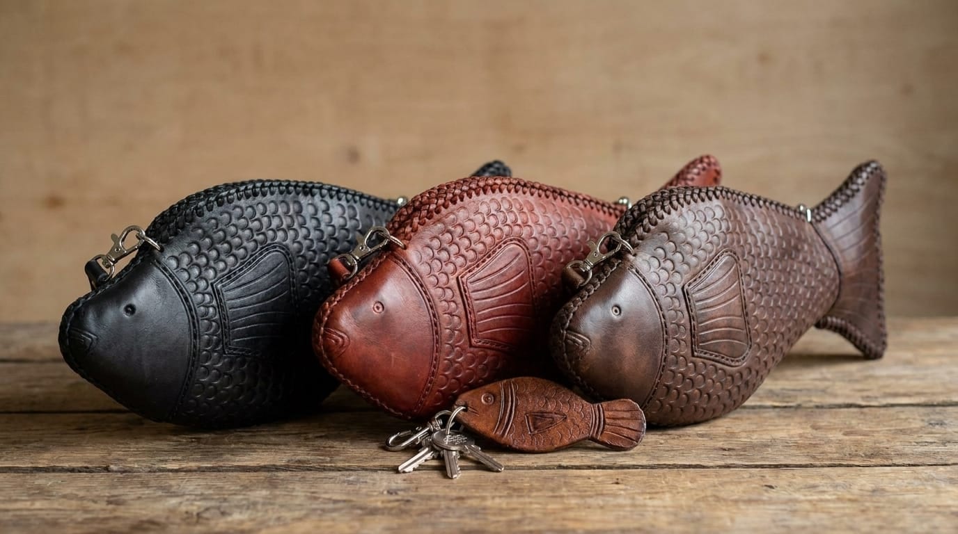 Three leather fish bags — one black, one red-brown, one dark brown — lying side by side on a weathered wooden table, each covered in punched scales, with a small leather fish key fob on a key ring in front of them.
