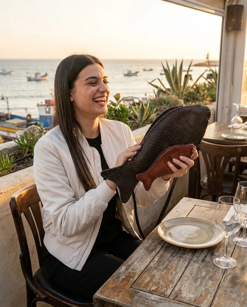 A woman in a cream jacket sits at a wooden table on a seaside terrace at sunset, laughing, holding a dark brown leather fish bag and a smaller reddish leather fish coin purse; fishing boats float on the water behind her.